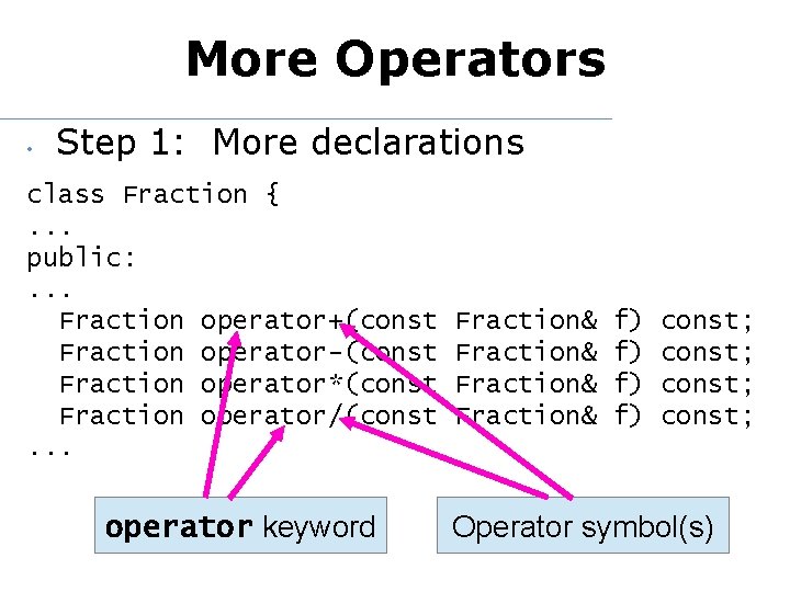 More Operators • Step 1: More declarations class Fraction {. . . public: .