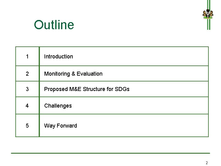 Outline 1 Introduction 2 Monitoring & Evaluation 3 Proposed M&E Structure for SDGs 4