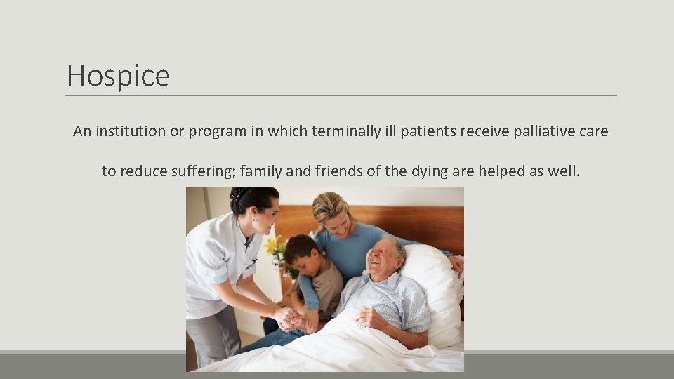 Hospice An institution or program in which terminally ill patients receive palliative care to