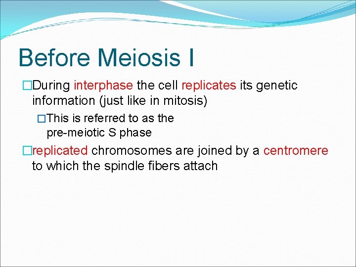 Before Meiosis I �During interphase the cell replicates its genetic information (just like in
