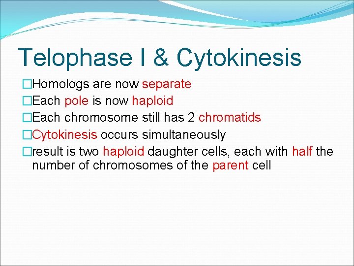Telophase I & Cytokinesis �Homologs are now separate �Each pole is now haploid �Each