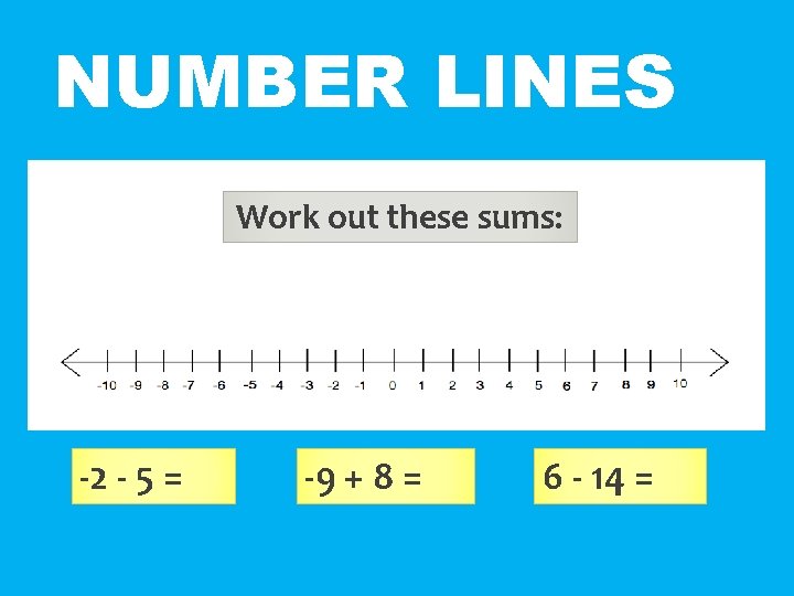 NUMBER LINES Work out these sums: -2 - 5 = -9 + 8 =