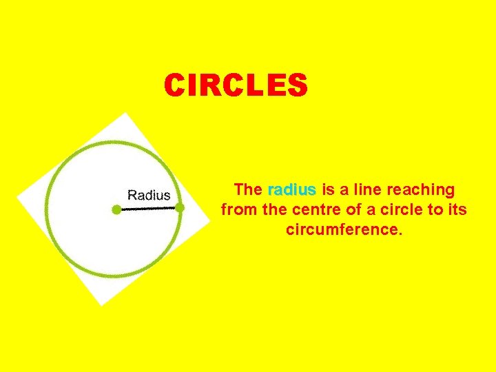 CIRCLES The radius is a line reaching from the centre of a circle to