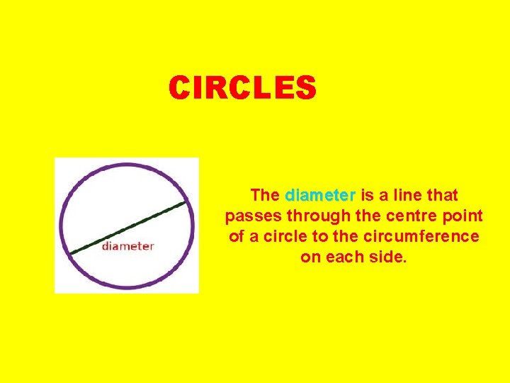 CIRCLES The diameter is a line that passes through the centre point of a