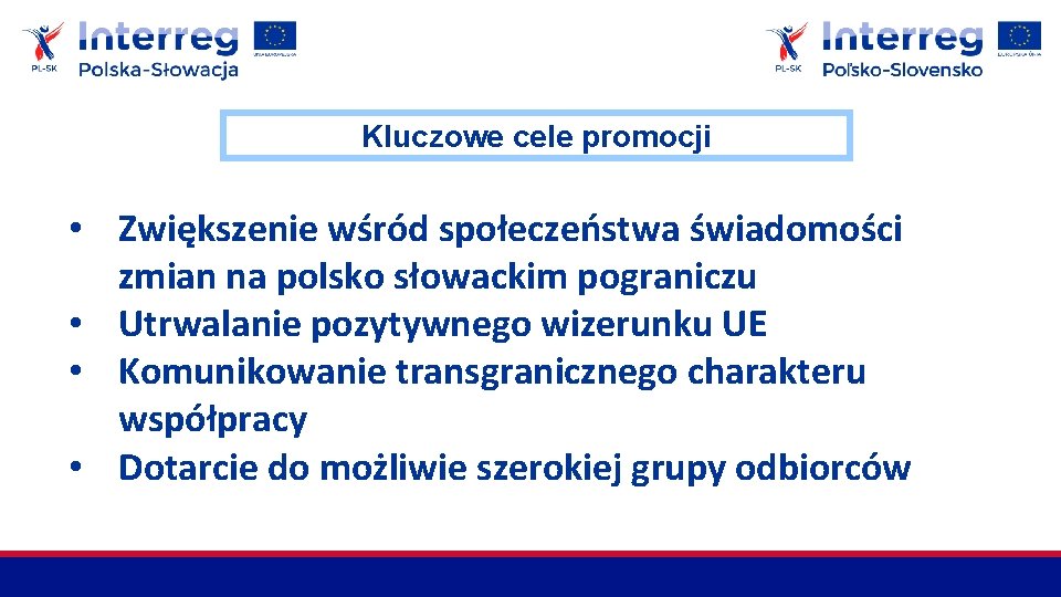 Kluczowe cele promocji • Zwiększenie wśród społeczeństwa świadomości zmian na polsko słowackim pograniczu •
