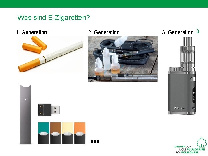 Was sind E-Zigaretten? 1. Generation 2. Generation Juul 3. Generation 3 
