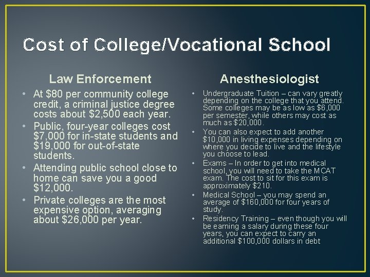 Cost of College/Vocational School Law Enforcement • At $80 per community college credit, a