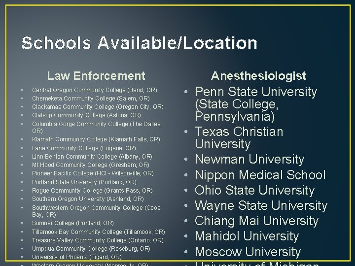Schools Available/Location Law Enforcement • • • • • Central Oregon Community College (Bend,