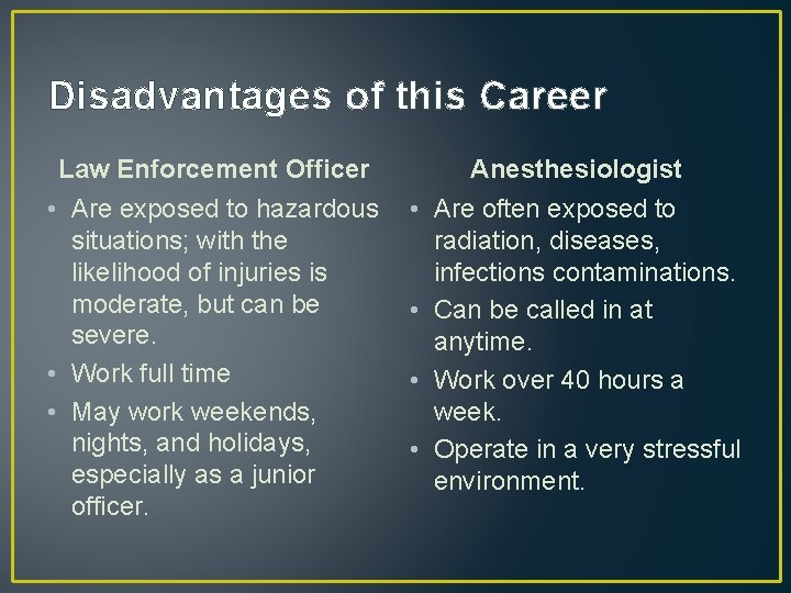 Disadvantages of this Career Law Enforcement Officer Anesthesiologist • Are exposed to hazardous situations;