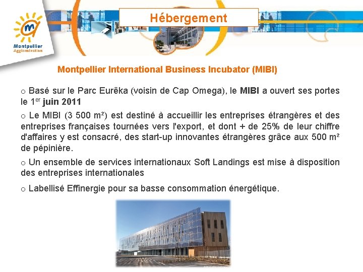 Hébergement Montpellier International Business Incubator (MIBI) o Basé sur le Parc Eurêka (voisin de