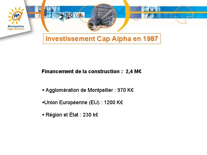 Investissement Cap Alpha en 1987 Financement de la construction : 2, 4 M€ §