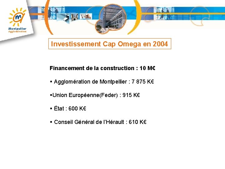 Investissement Cap Omega en 2004 Financement de la construction : 10 M€ § Agglomération