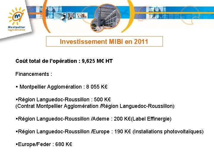 Investissement MIBI en 2011 Coût total de l’opération : 9, 625 M€ HT Financements