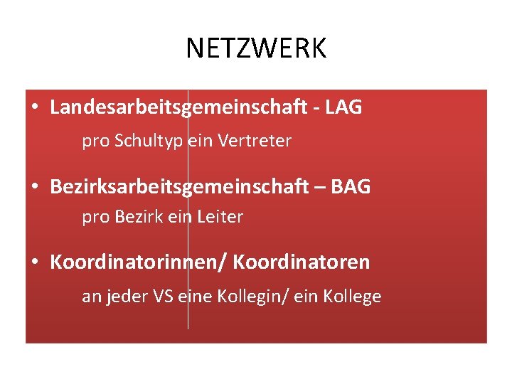 NETZWERK • Landesarbeitsgemeinschaft - LAG pro Schultyp ein Vertreter • Bezirksarbeitsgemeinschaft – BAG pro