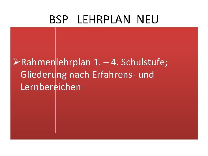 BSP LEHRPLAN NEU ØRahmenlehrplan 1. – 4. Schulstufe; Gliederung nach Erfahrens- und Lernbereichen 