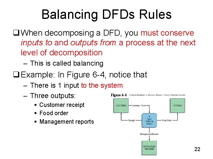 Balancing DFDs Rules q When decomposing a DFD, you must conserve inputs to and