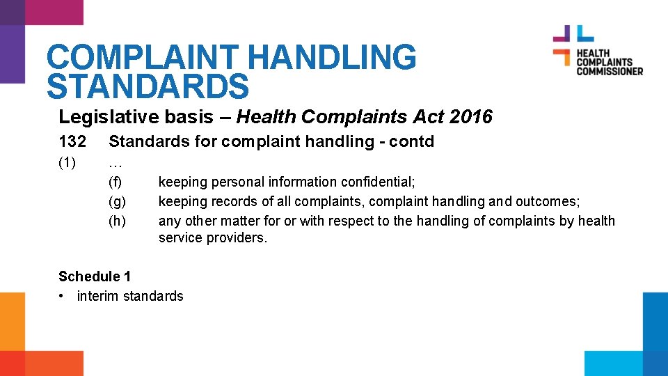 COMPLAINT HANDLING STANDARDS Legislative basis – Health Complaints Act 2016 132 Standards for complaint