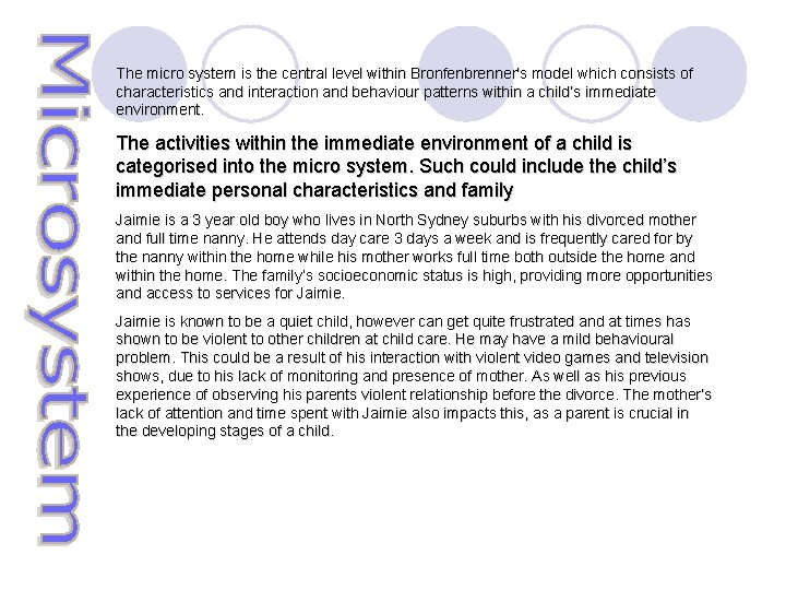 The micro system is the central level within Bronfenbrenner's model which consists of characteristics
