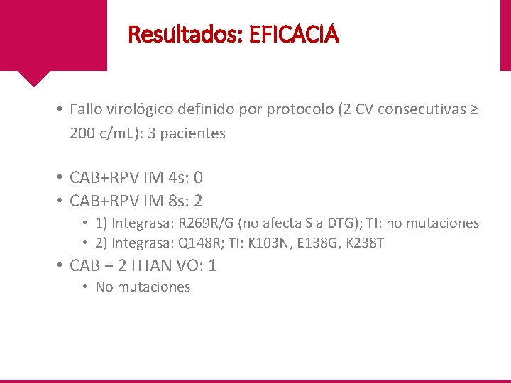 Resultados: EFICACIA • Fallo virológico definido por protocolo (2 CV consecutivas ≥ 200 c/m.
