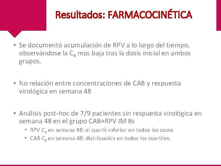 Resultados: FARMACOCINÉTICA • Se documentó acumulación de RPV a lo largo del tiempo, observándose