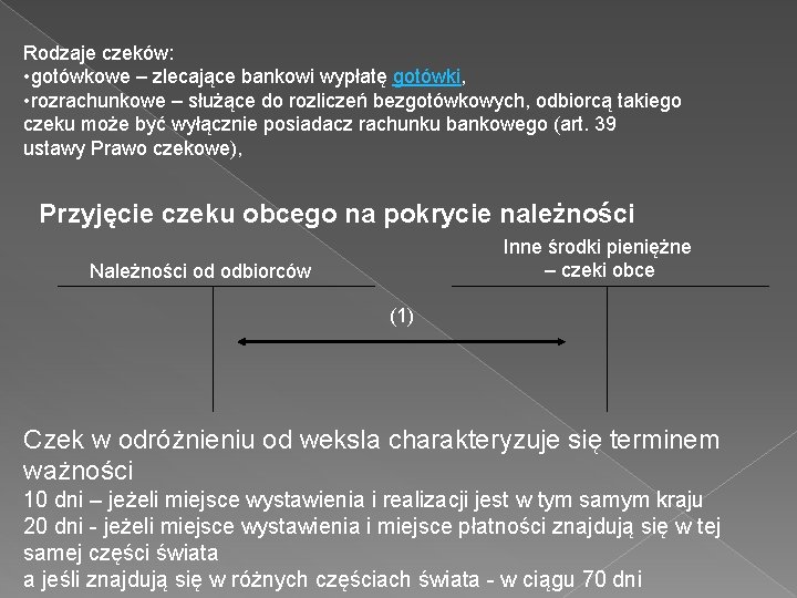 Rodzaje czeków: • gotówkowe – zlecające bankowi wypłatę gotówki, • rozrachunkowe – służące do