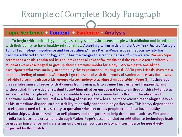 Example of Complete Body Paragraph Topic Sentence + Context + Evidence + Analysis To