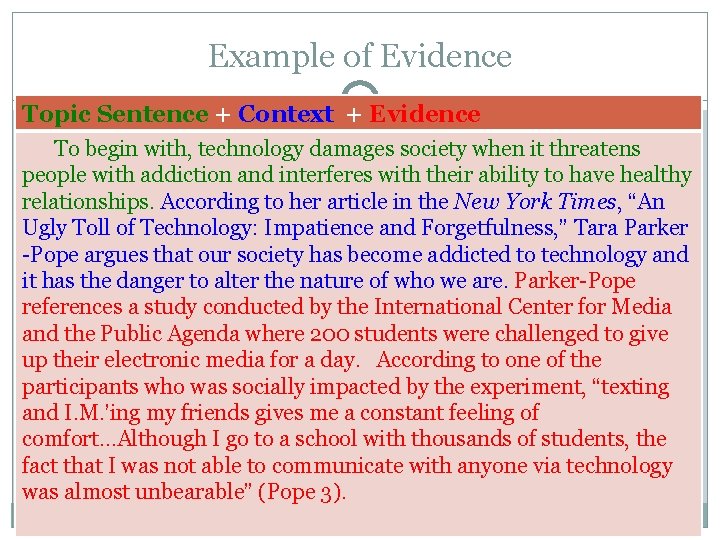 Example of Evidence Topic Sentence + Context + Evidence To begin with, technology damages