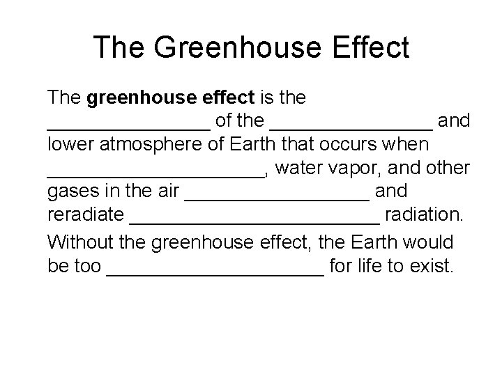 The Greenhouse Effect • The greenhouse effect is the ________ of the ________ and