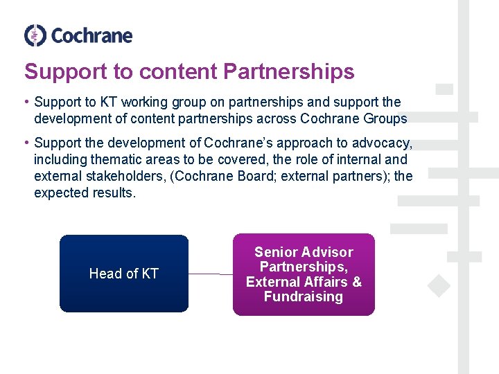 Support to content Partnerships • Support to KT working group on partnerships and support