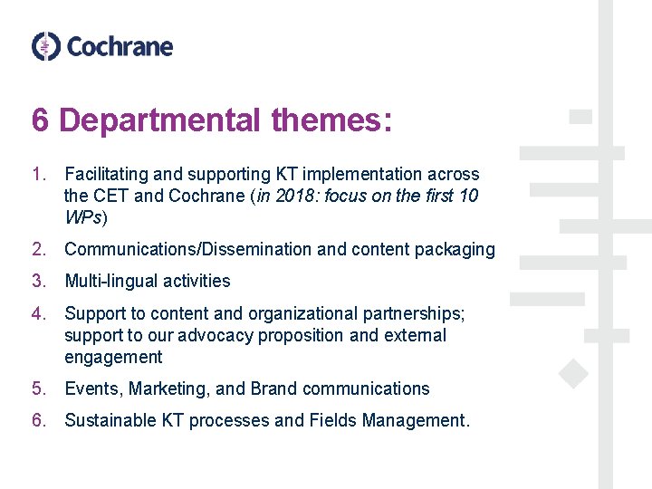 6 Departmental themes: 1. Facilitating and supporting KT implementation across the CET and Cochrane