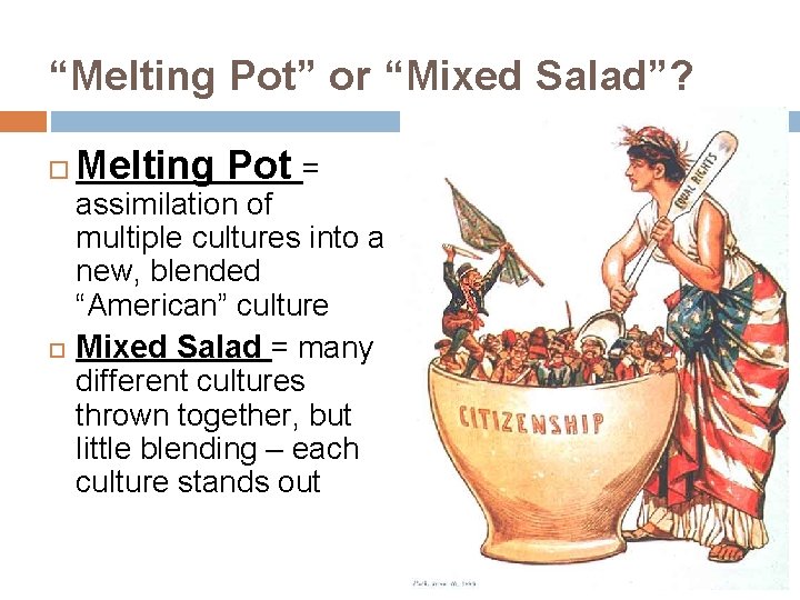 “Melting Pot” or “Mixed Salad”? Melting Pot = assimilation of multiple cultures into a