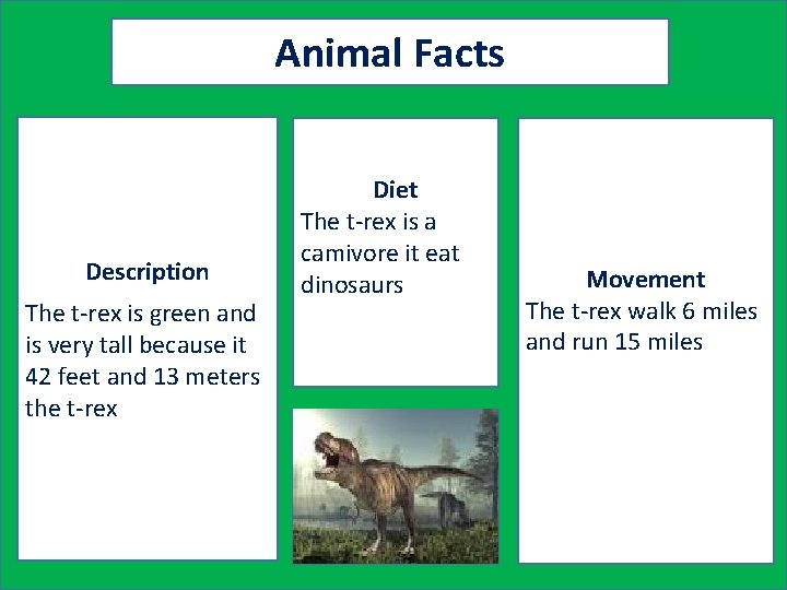 Animal Facts Description The t-rex is green and is very tall because it 42
