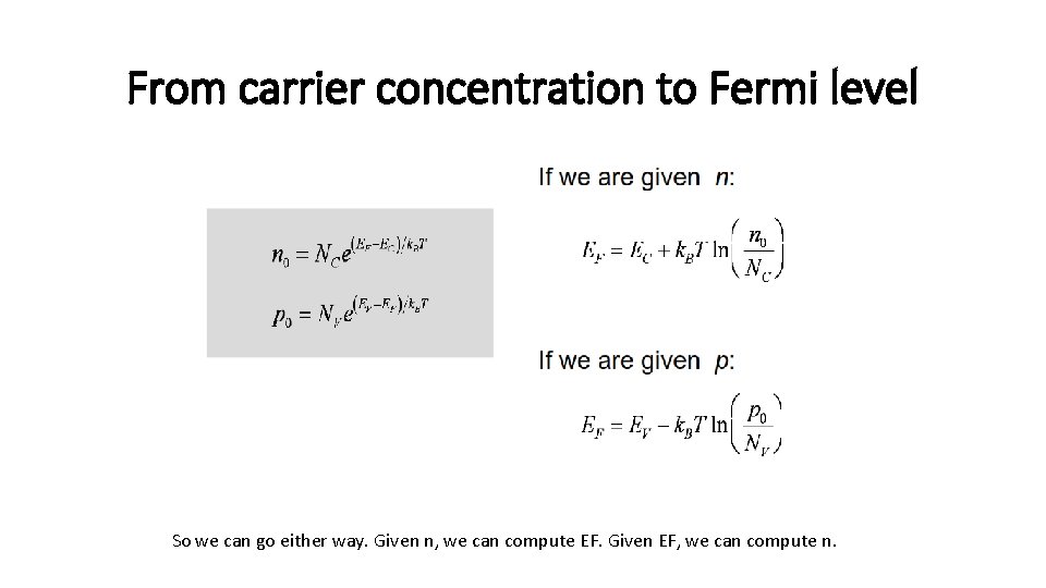 From carrier concentration to Fermi level So we can go either way. Given n,