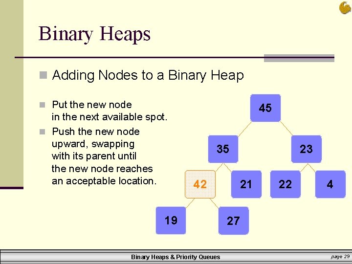 Binary Heaps n Adding Nodes to a Binary Heap n Put the new node