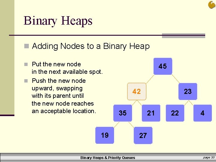 Binary Heaps n Adding Nodes to a Binary Heap n Put the new node
