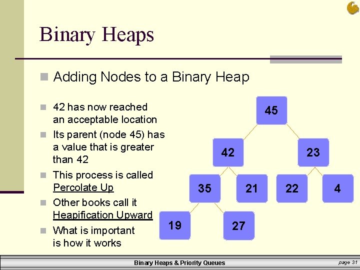 Binary Heaps n Adding Nodes to a Binary Heap n 42 has now reached