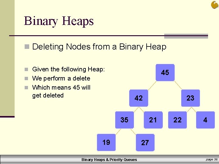 Binary Heaps n Deleting Nodes from a Binary Heap n Given the following Heap: