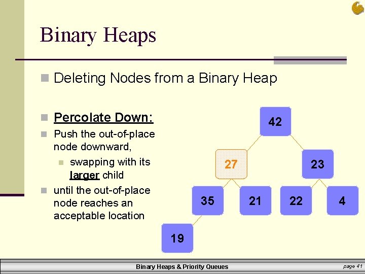 Binary Heaps n Deleting Nodes from a Binary Heap n Percolate Down: 42 n