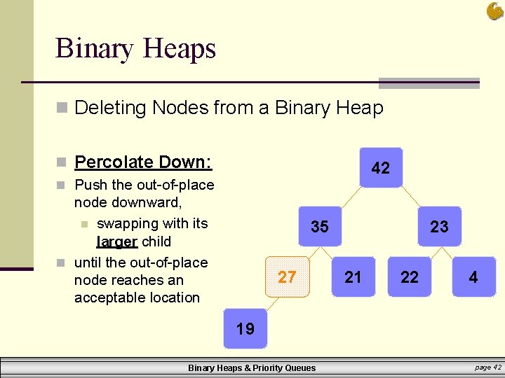 Binary Heaps n Deleting Nodes from a Binary Heap n Percolate Down: 42 n