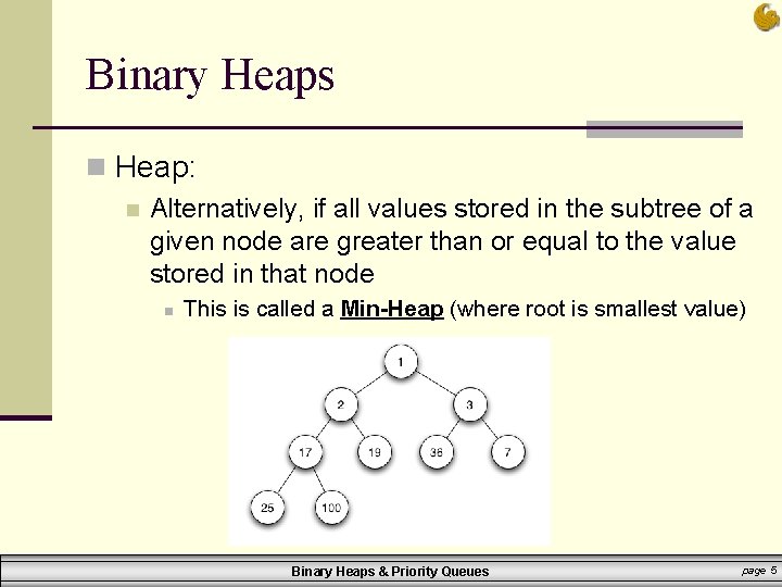 Binary Heaps n Heap: n Alternatively, if all values stored in the subtree of