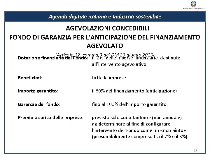 Agenda digitale italiana e Industria sostenibile AGEVOLAZIONI CONCEDIBILI FONDO DI GARANZIA PER L’ANTICIPAZIONE DEL