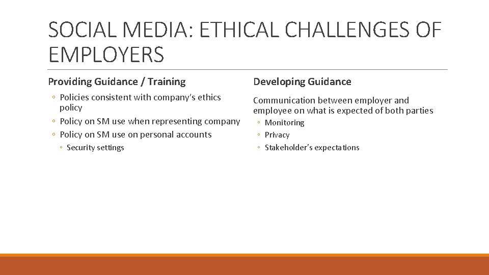 SOCIAL MEDIA: ETHICAL CHALLENGES OF EMPLOYERS Providing Guidance / Training ◦ Policies consistent with