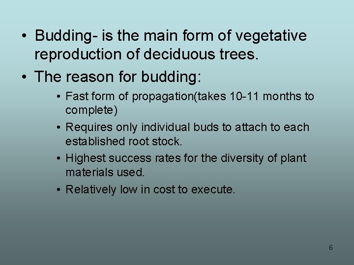  • Budding- is the main form of vegetative reproduction of deciduous trees. •