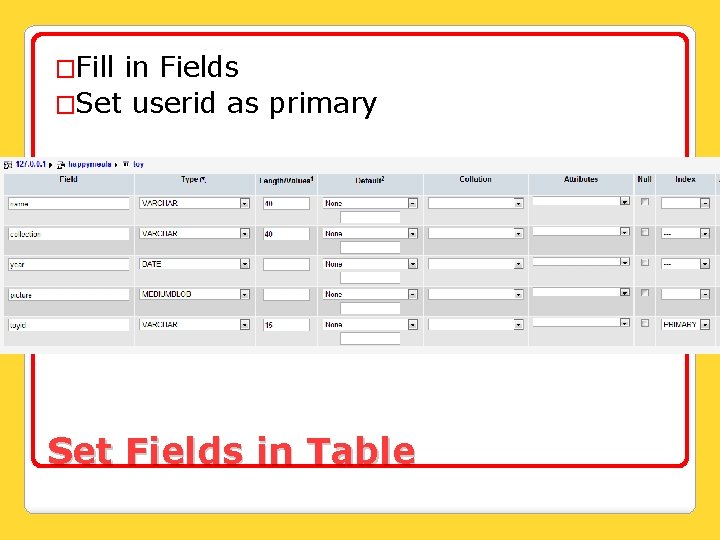 �Fill in Fields �Set userid as primary Set Fields in Table 