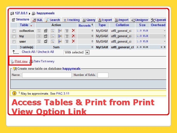 Access Tables & Print from Print View Option Link 