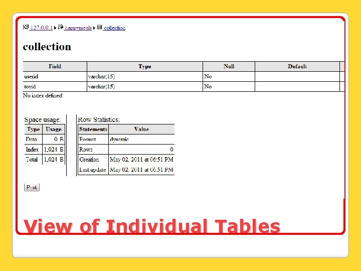 View of Individual Tables 