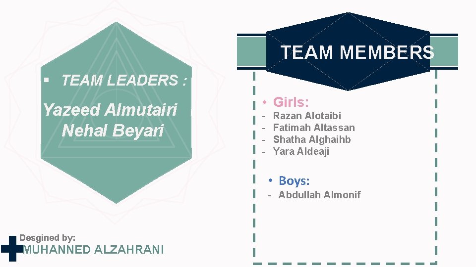 TEAM MEMBERS § TEAM LEADERS : Yazeed Almutairi Nehal Beyari • Girls: - Razan