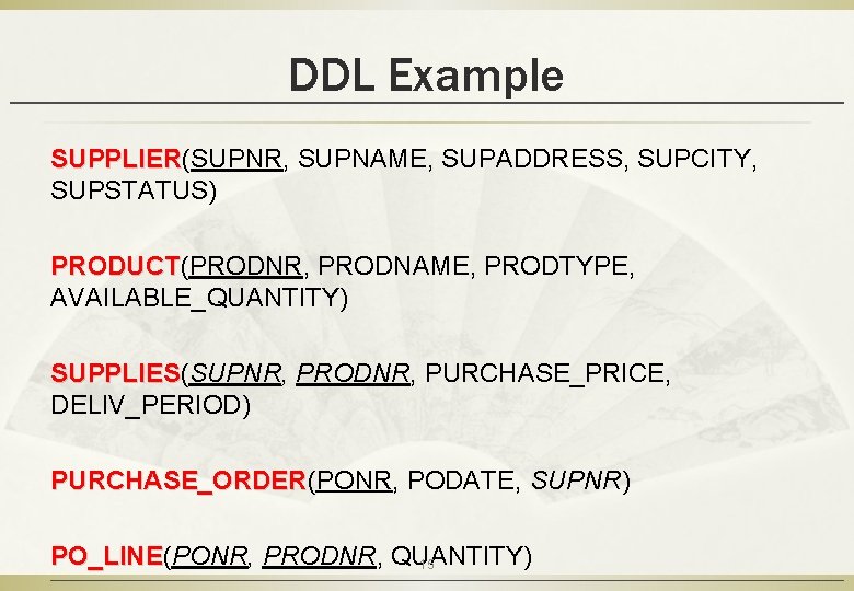 DDL Example SUPPLIER(SUPNR, SUPNAME, SUPADDRESS, SUPCITY, SUPPLIER SUPSTATUS) PRODUCT(PRODNR, PRODNAME, PRODTYPE, PRODUCT AVAILABLE_QUANTITY) SUPPLIES(SUPNR,