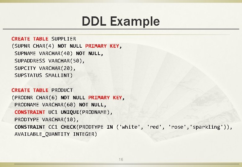DDL Example CREATE TABLE SUPPLIER (SUPNR CHAR(4) NOT NULL PRIMARY KEY, KEY SUPNAME VARCHAR(40)