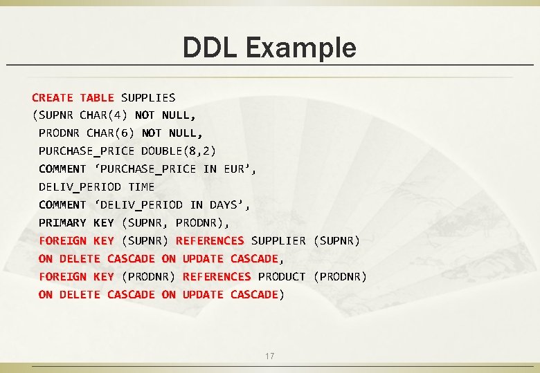 DDL Example CREATE TABLE SUPPLIES (SUPNR CHAR(4) NOT NULL, PRODNR CHAR(6) NOT NULL, PURCHASE_PRICE